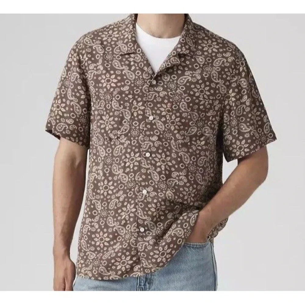 Levi's Men's Relaxed Fit SS Camp Button-Down Brown Paisley Shirt Size Medium